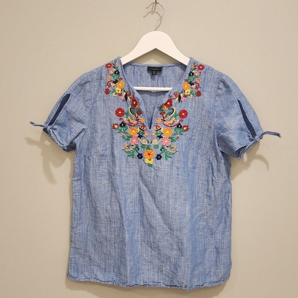 Talbots Floral Embroidered Linen Blend Tie Sleeve Blouse - Size XS